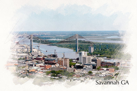 Savannah Georgia watercolor skyline canvas, Savannah Canvas,  Savannah wall canvas, River street, Savannah watercolor waterfront