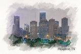 Houston sketch watercolor, TX skyline at dusk, Printed on Canvas, Houston watercolor Texas, City skyline, Large Houston Print, Houston