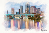 Tampa Florida watercolor, Tampa skyline sketch watercolor, Tampa canvas watercolor, Tampa art, Tampa Bay skyline canvas Tampa Florida