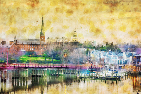 Annapolis skyline watercolor,  Annapolis watercolor Canvas,  Annapolis Maryland Canvas Wall Art, Street scene wall art capital
