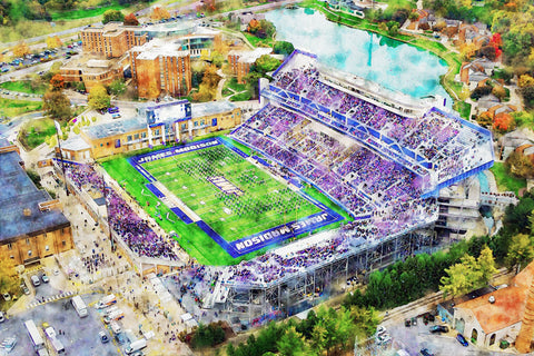 Canvas-Print of James Madison Dukes,  Bridgeforth Stadium, Watercolor Digital Sketch Print Canvas Print, JMU football. Harrisonburg Virginia