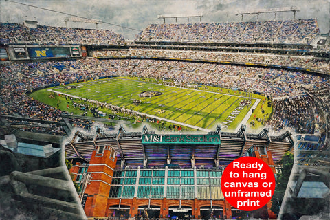 Canvas-Print of M&T Bank Stadium, Watercolor Digital Sketch Print Canvas Print, Baltimore Ravens, Baltimore Maryland, Pro