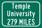 Temple University / Custom College Highway Distance Sign / Temple University / Temple Owls/Philadelphia Pennsylvania