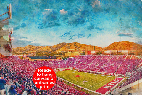 Canvas-Print of Utah Utes, Rice-Eccles Stadium,  Watercolor Digital Sketch Print Canvas Print, Salt Lake City Utah, University of Utah