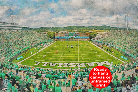 Marshall Thundering Herd,Joan C. Edwards Stadium , Watercolor Digital Sketch Print Canvas Print,Huntington West Virginia,Marshall University