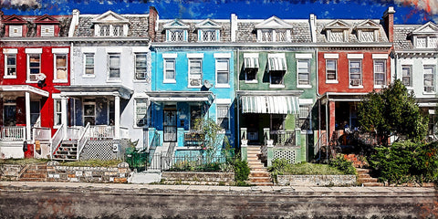 a front facing print of a street with colorful houses done in a watercolor style
