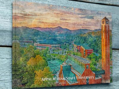Appalachian State University campus aerial view with mountains