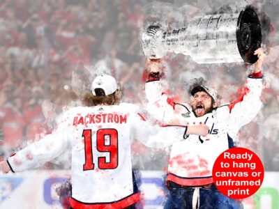 Watercolor print of Alex Ovechkin and Nick Backsrom celebrating Stanley cup win