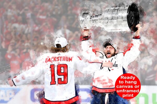 Watercolor print of Alex Ovechkin and Nick Backsrom celebrating Stanley cup win