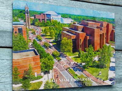 CAMPUS WATERCOLOR OF BALL STATE IN MUNCIE IN. SHOWING SHAFER TOWER AND SURROUNDING BUILDINGS.