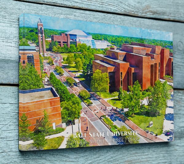 CAMPUS WATERCOLOR OF BALL STATE IN MUNCIE IN. SHOWING SHAFER TOWER AND SURROUNDING BUILDINGS.