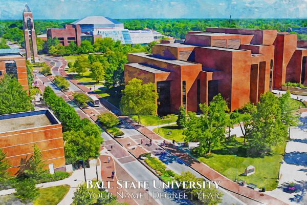 BALL STATE WATERCOLOR SHOWING CAMPUS BUILDINGS AND BRICK STREETS.  BACKGROUND OF SCHOOL IS WOODED.