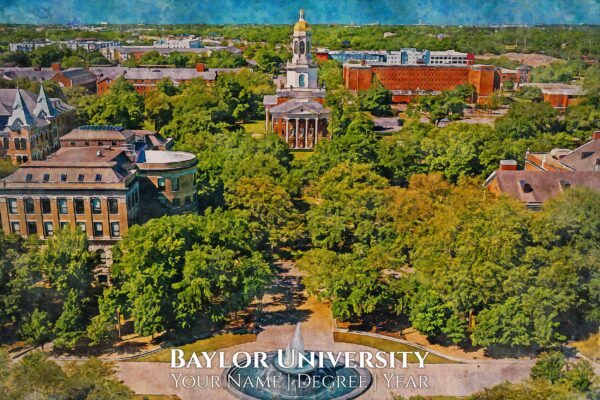 Baylor University in Waco TX showing campus and buildings on campus and the mascot is the Baylor Bears