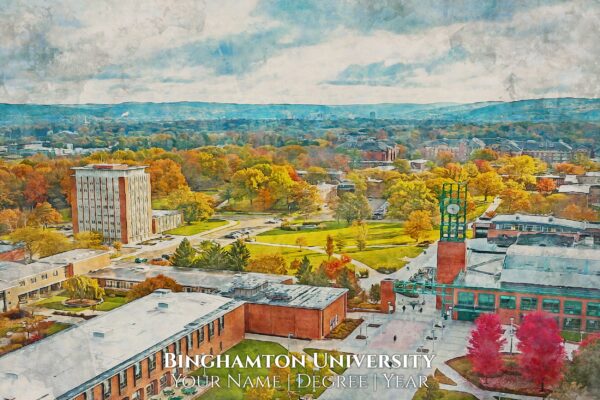 Watercolor of Binghamton University and home of the Binghamton bears
