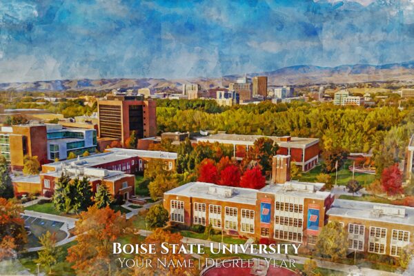 Watercolor canvas print of Boise State, the largest University in Idaho which is surrounded by mountains