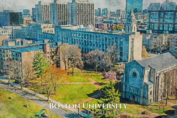 Boston University watercolor print of lovely buildings right in the heart of Boston Massachusetts