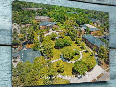 An aerial watercolor of Coastal Carolina University campus, showcasing brick buildings and trees, is elegantly printed and mounted on wood.