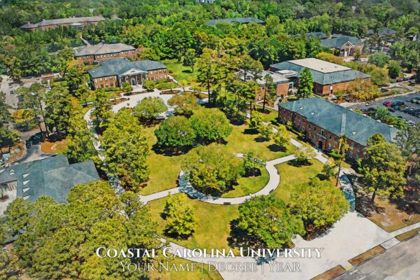 Watercolor of Coastal Carolina University campus. Featuring Your Name | Degree | Year, this digital print is a perfect graduation gift.
