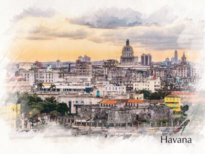 Havana Cuba done in a Watercolor style the border is white