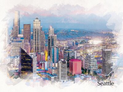 Skyline of Seattle Washington done in a watercolor style, the borders are white