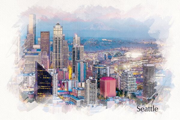 Skyline of Seattle Washington done in a watercolor style, the borders are white