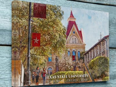 Texas State University campus canvas print hanging on wall