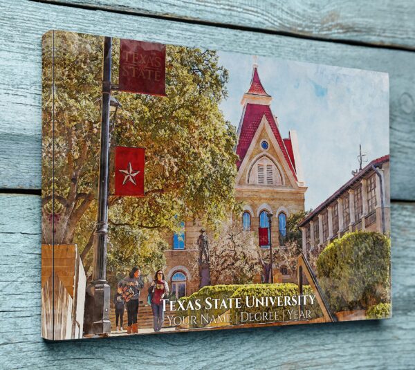 Texas State University campus canvas print hanging on wall