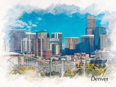 watercolor print of Denver Colorado, the border is white