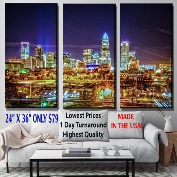 Charlotte at night, Charlotte Canvas, Charlotte skyline, Charlotte Wall canvas, 3 panel or single panel Charlotte art,Charlotte wall art