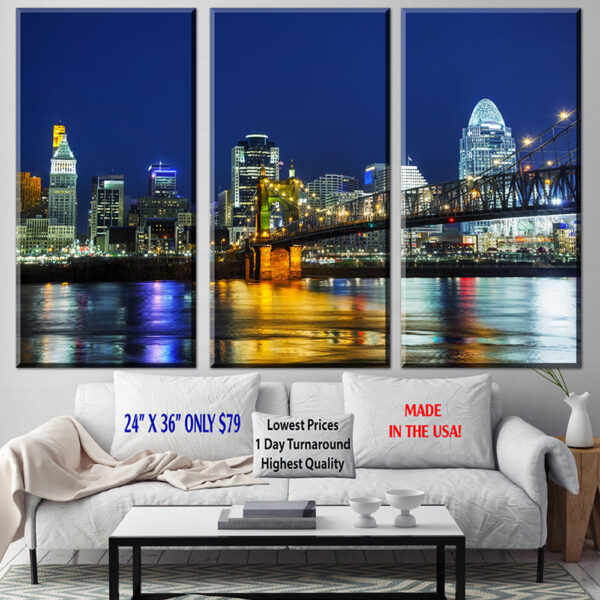 Cincinnati at night, Cincinnati Canvas, Cincinnati skyline, Cincinnati Wall canvas, 3 panel or single panel, Cincinnati wall art
