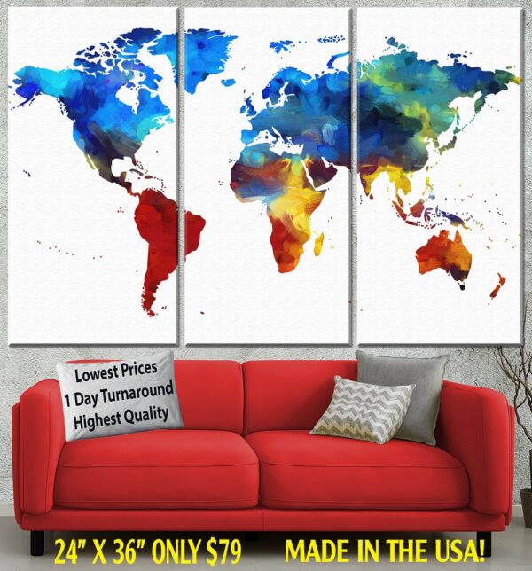 World Map wall art water color , Canvas large map, Wall art map, 3 panel or single panel,  As large as 4 x 6 FEET, Watercolor world map