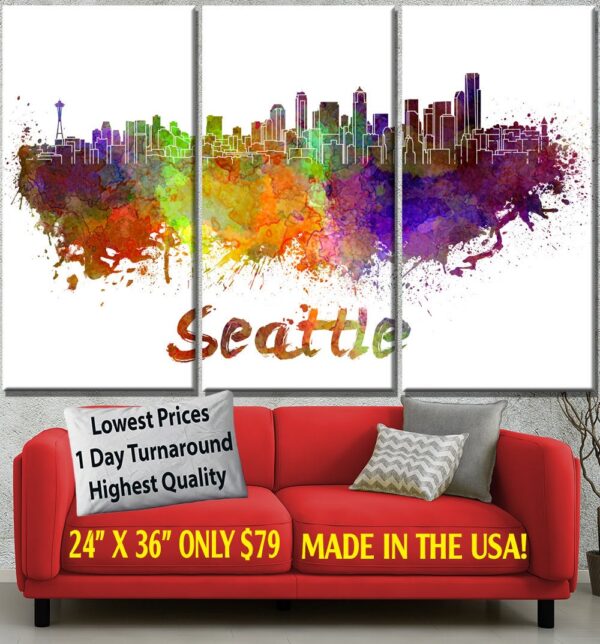 Seattle skyline watercolor canvas, SeattleCanvas Print, Seattle wall art, Seattle  Canvas Wall Art,Seattle Washington watercolor
