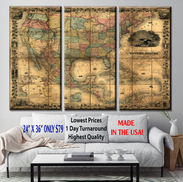 United States Map, Vintage map, Canvas large map, Wall art map, Map of America, Vintage wall art, USA vintage map, USA Decor, Antique map