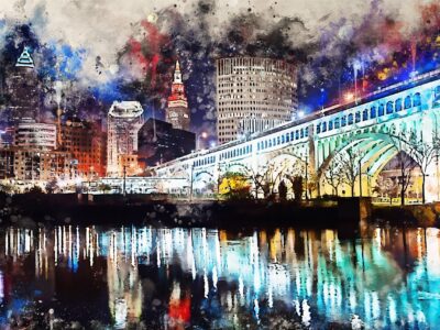 Cleveland watercolor skyline at night, Cleveland Canvas, Cleveland skyline, Cleveland Wall canvas,  Cleveland wall art, Cleveland watercolor