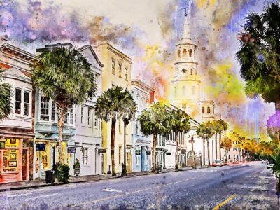 Charleston SC watercolor street scene canvas, Charleston Canvas,  Charleston wall canvas, Charleston watercolor Charleston south decor