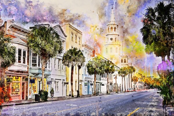 The Charleston SC watercolor street scene set, Charleston art,  Charleston wall canvas, Charleston watercolor Charleston watercolor set - Image 3