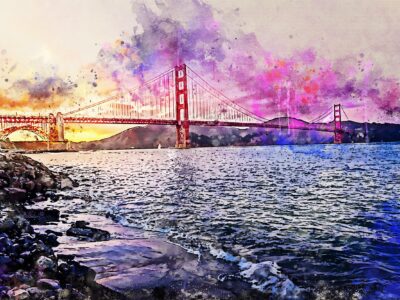 Golden Gate Bridge watercolor, San Francisco watercolor print,  San Francisco canvas photo, Golden Gate Bridge on canvas watercolor