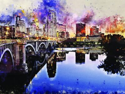 Minneapolis at night watercolor on Canvas, Minneapolis Minnesota City skyline, Large Minneapolis watercolor, Minneapolis watercolor Canvas