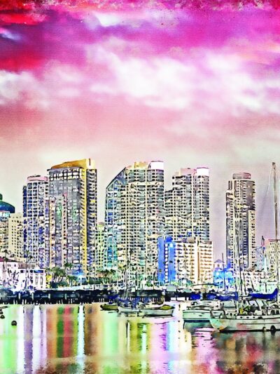 San Diego California watercolor skyline canvas, San Diego watercolor San Diego art, San Diego photo, San Diego wall art