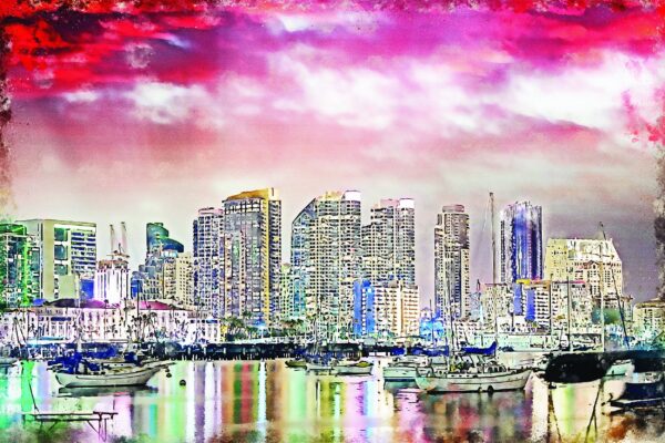 San Diego California watercolor skyline canvas, San Diego watercolor San Diego art, San Diego photo, San Diego wall art