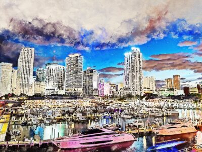 Miami watercolor Skyline, Miami watercolor Canvas, Wall canvas, ,Miami Water Color Canvas Art Print, Miami Beach large canvas