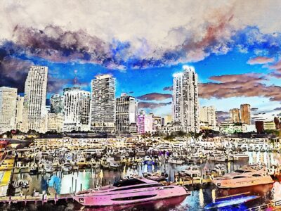 Miami watercolor Skyline, Miami watercolor Canvas, Wall canvas, ,Miami Water Color Canvas Art Print, Miami Beach large canvas