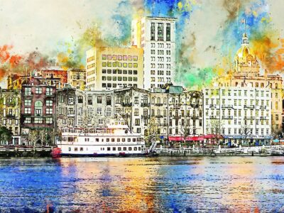 Savannah Georgia watercolor skyline canvas, Savannah Canvas,  Savannah wall canvas, River street, Savannah watercolor waterfront