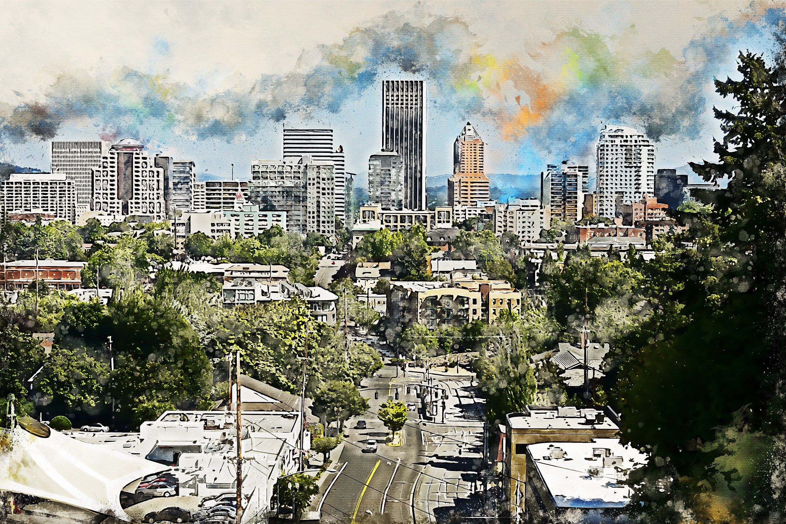 Portland Oregon watercolor skyline canvas, Portland watercolor Canvas Wall Art, Portland Oregon wall art canvas, Portland framed canvas art