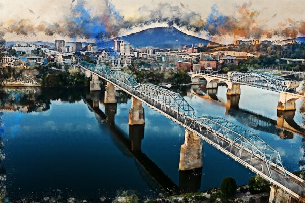 The Chattanooga watercolor skyline canvas captures a vibrant cityscape with bridges over a river, set against mountains and dynamic clouds reflecting on the water. Ideal for digital download or canvas wall art, it brings Chattanoogas charm to your space.