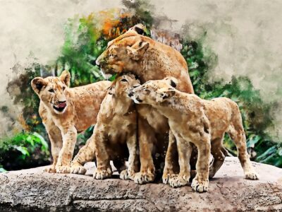 Lion family canvas, Lion Canvas, Lion wildlife watercolor Animal Wall canvas,  Wildlife wall art, Lion family watercolor