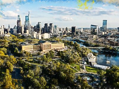Philadelphia Pensylvania watercolor canvas, Philadelphia watercolor skyline and Schuykill River, Watercolor wall art, Philly watercolor