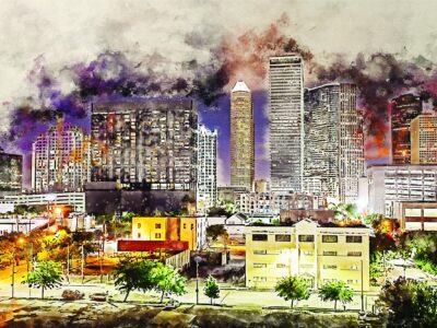 Houston watercolor, TX skyline at dusk, Printed on Canvas, Houston watercolor Texas, City skyline, Large Houston Print, Houston