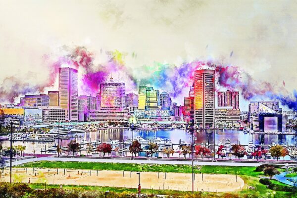 Baltimore watercolor canvas, Baltimore watercolor Canvas,  Baltimore wall canvas, Inner Harbor watercolor art print, Baltimore south decor