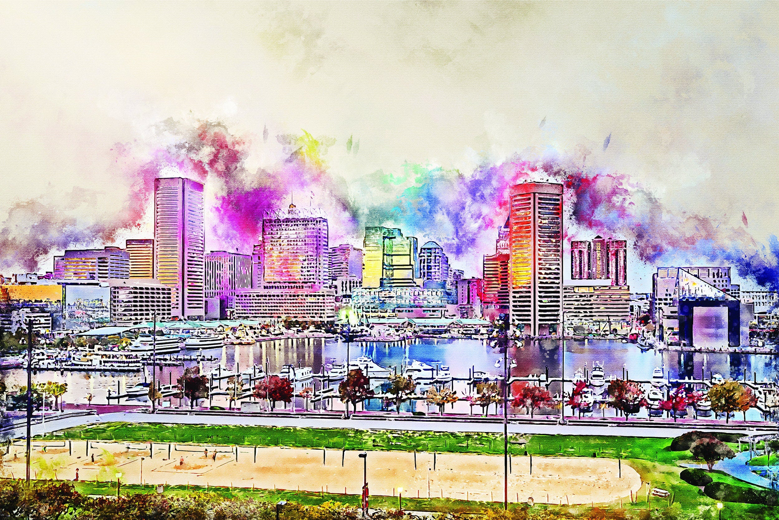 Baltimore watercolor canvas, Baltimore watercolor Canvas, Baltimore wall canvas, Inner Harbor watercolor art print, Baltimore south decor